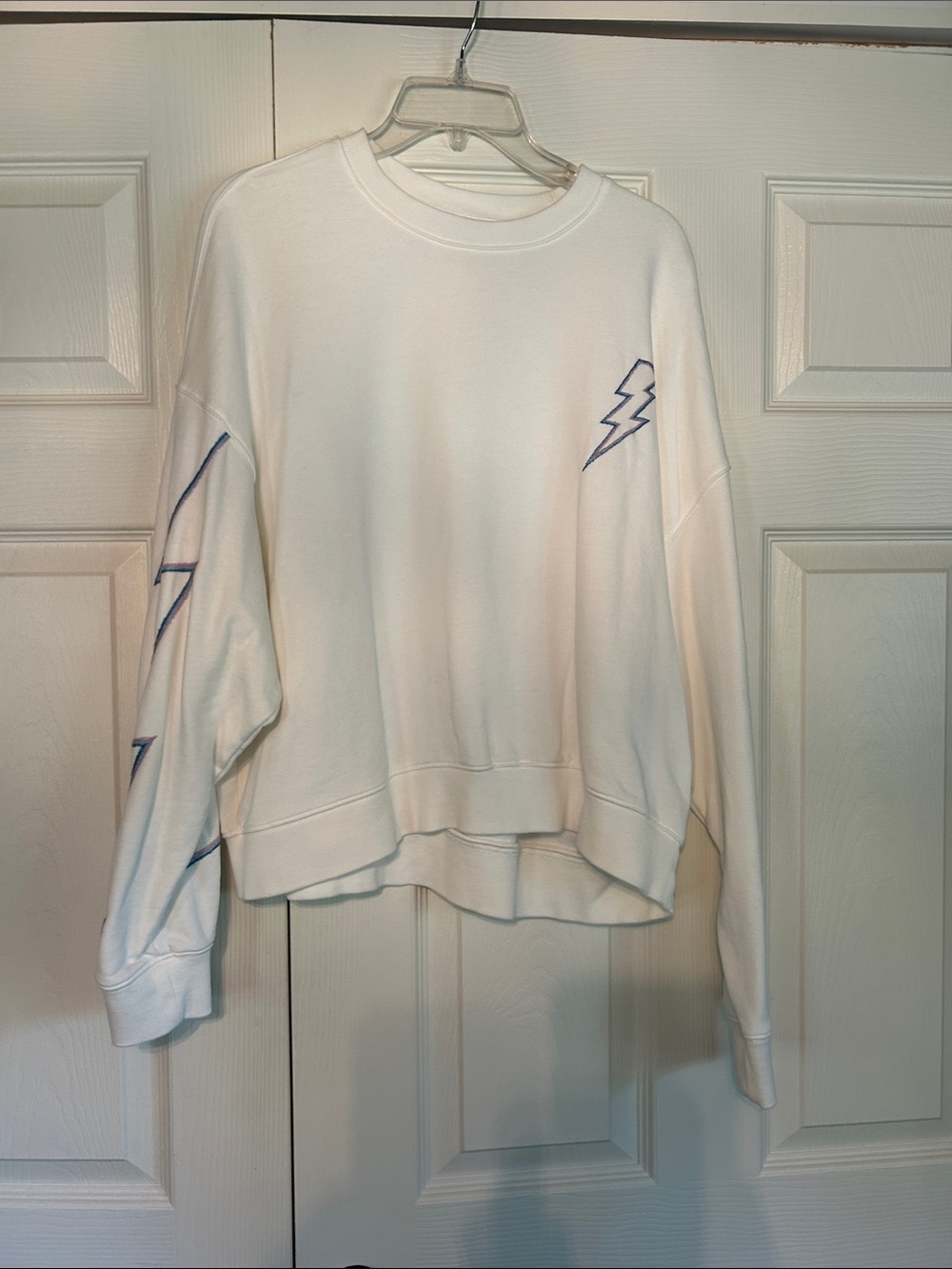 DRIFTWOOD Cream Crewneck Sweatshirt with Blue Lightning Graphics